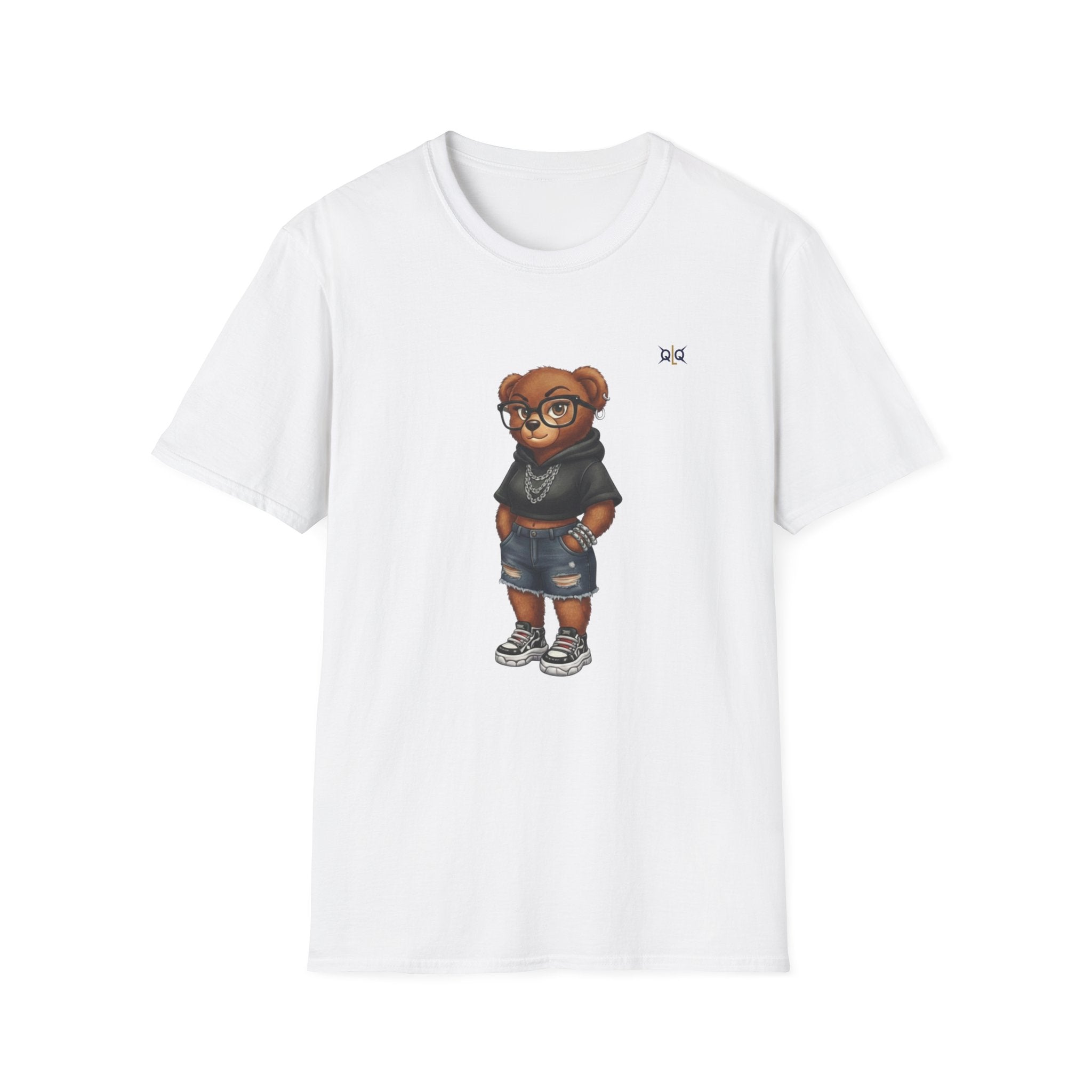 Cute Bear Kid Character T-Shirt | Cartoon Teddy in Hoodie and Denim Shorts