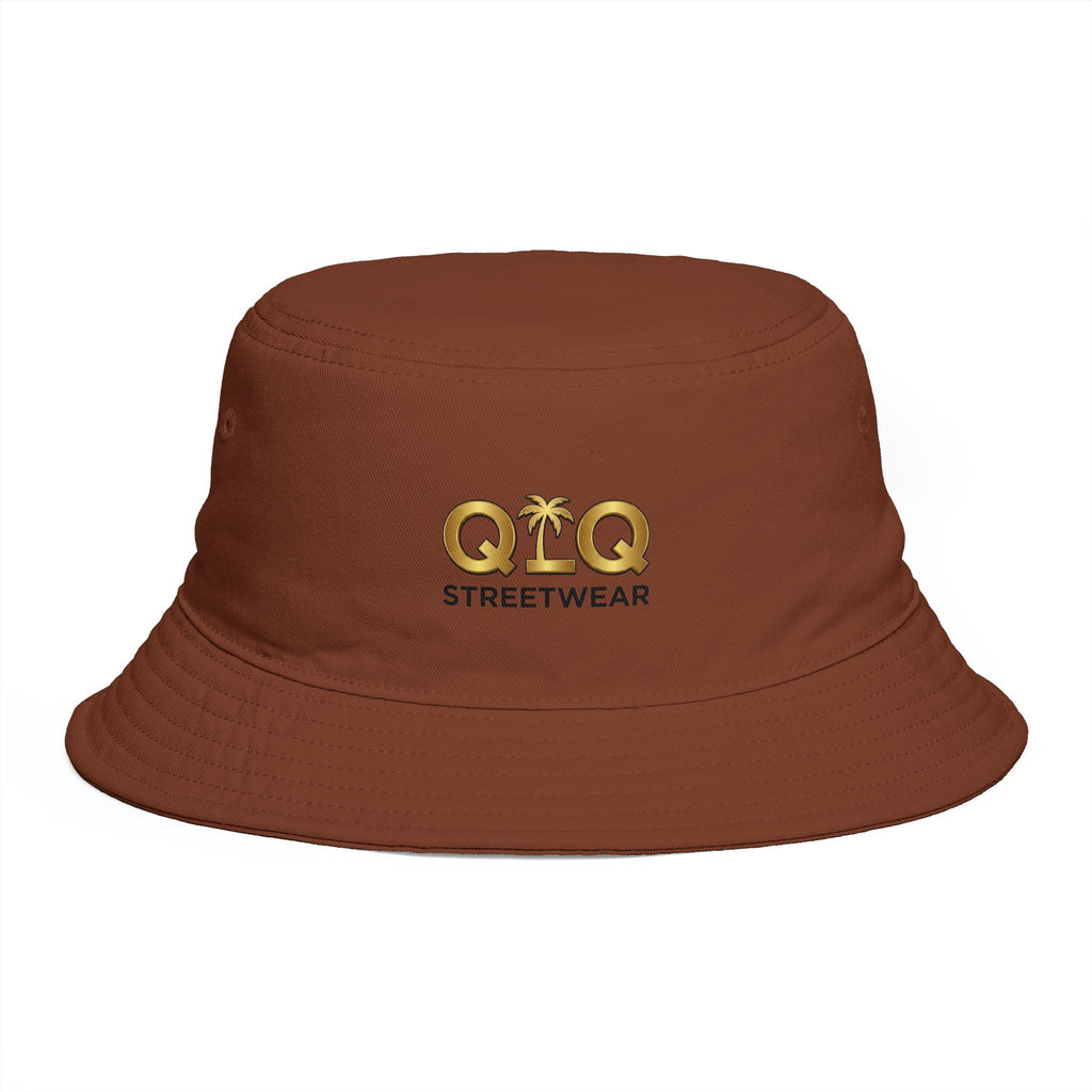 QLQ Streetwear Brown Embroidered Bucket Hat — Palm Logo Urban Sun Hat