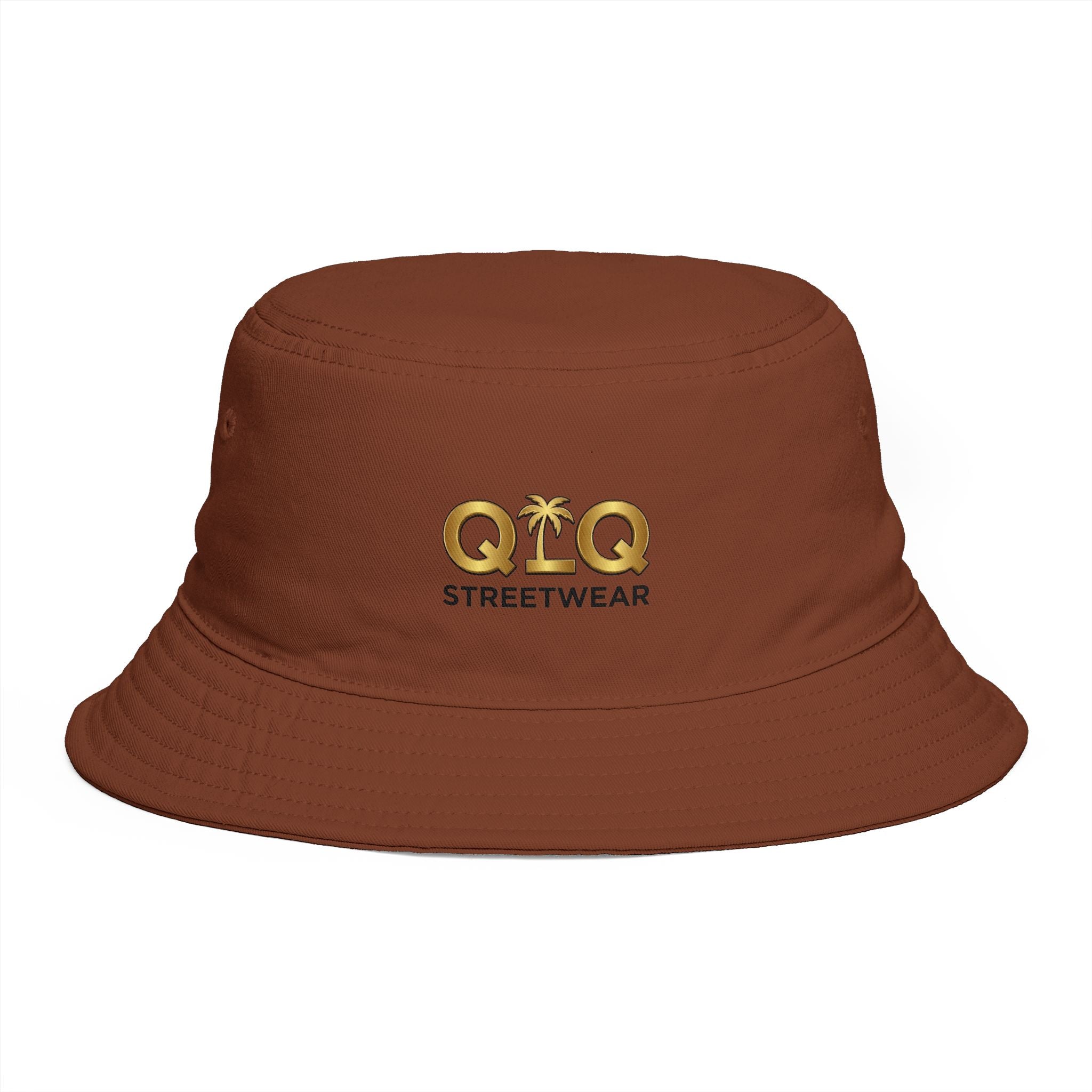QLQ Streetwear Brown Embroidered Bucket Hat — Palm Logo Urban Sun Hat